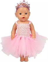 Poppenkleertjes - Geschikt voor Baby Born - Ballerina jurk met kroon - Outfit babypop - Roze jurk met wijde tutu en grote strik