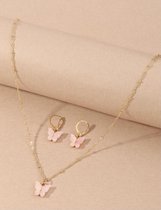 Vlinder ketting & Oorbellen - Roze - Goudkleurig - Cadeau - Meisje - Girl - Schoencadeautje - Schoenkado - Schoen kado - Schoen cadeau