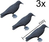 3x zwarte XL kraai vogelverschrikker / duivenverjager  - Halloween decoratie - ProLoo 3x nep kraai 41cm incl. grondpin zwart plastic geflockt  -diervriendelijke duivenverjager - vogelverschrikker