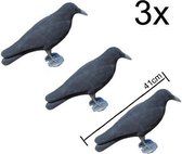 3x zwarte XL kraai vogelverschrikker / duivenverjager  - Halloween decoratie - ProLoo 3x nep kraai 41cm incl. grondpin zwart plastic geflockt  -diervriendelijke duivenverjager - vogelverschrikker