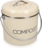 Navaris metalen compostbak 3L - Afvalbakje met 3x filter tegen vieze geuren - Prullenbak met deksel voor gft-afval  - Compostemmer keuken - Crème