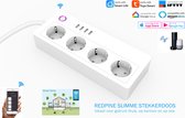 WiFi Smart Multi-plug / Slimme Stekkerdoos - 16A - 4x Stekkers en 4x USB ( 3,1A - Snel Opladen ) - Werkt met App en Spraakbesturing - Alexa - Google Assistant - Tuya Smart Life