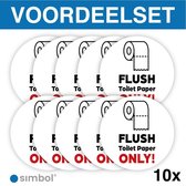 Simbol - Voordeelset van 10 Stuks - Stickers Flush Toilet Paper Only - Alléén Toilet Papier - Duurzame Kwaliteit - Formaat ø 10 cm. - Formaat