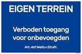 Verboden toegang bord - 20x30 cm - Eigen terrein bord - Verboden toegang voor onbevoegden - Blauw - Voor binnen en buiten