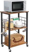 Keukenrek op Wielen - 3 Niveaus - Trolley Keuken Kast voor Microgolfoven - 6 Haken - 89 x 60 x 40 - Donkerbruin / Vintage