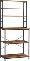 keukenplank, staand rek met planken, met 6 haken en metalen frame, industrieel ontwerp, voor magnetron, kookgerei, 80 x 40 x 167 cm, vintage bruin-zwart KKS019B01
