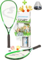 Speedminton START Plus set - speedbadminton - crossminton - speed badminton - groen/blauw - 2 duurzame rackets - 2 originele Speedminton Speeders - windring - incl. HELI Speeder Tube