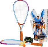 Speedminton FUN set - twee kleine lichtgewicht rackets - twee HELI Speeders - twee speedlights - lichtblauw/oranje