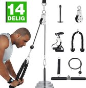 Zoluko Home Fitness Kabelsysteem 14-delig set - Krachtstation voor Thuis Sporten - Incl. E-book - Incl. Triceps Touw, Biceps Stang en Handgrepen - 100kg Draagkracht - Eenvoudige Bevestiging - Krachttraining - Lat Pulley - Home Gym - Zwart/Zilver