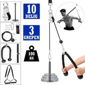 10-delig PRO thuis fitness kabelsysteem 3 handgrepen tot 100 kg - kabel katrol systeem - kabelstation - lat pulley - home gym - krachtstation