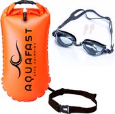 Aquafast Zwemboei met Drybag inclusief Gratis Zwembril en Oordopjes –  voor Open Water Zwemmen – Veilig Zwemmen Reddingsboei – Drybag Opbergvak – Opblaasbare Veiligheidsboei – Oranje