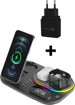 iSetchi 4-in-1 Draadloze Oplader (15W snellader) – Met LED lamp & Digitale Klok - Inclusief Snellader Stopcontact – Universeel voor iPhone - Samsung - Apple iWatch - Airpods - Galaxy Buds - Qi lader