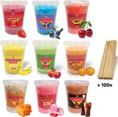 Suikerspin Suiker Mega Pakket + 100 stokjes  - Aardbei – Bosbes – Kers – Banaan – Appel – Sinaasappel – Caramel – Bubbelgum – Cola - 9 potten x 400 gram