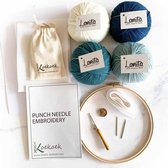 Ocean blue eco punch naald pakket voor starters met 3 naald maten | 100% Ecologische wol in vrolijke kleuren | Europees punch linnen | Punch Needle starterset | Houten borduurring | 3 maten punch needle