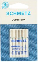 SCHMETZ NAAIMACHINE NAALDEN, COMBI BOX, UNIVERSEEL-STRETCH-JEANS, 5 STUKS, PER PAKJE.