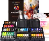 RX Goods 69 Stuks Acrylverf Set met 48 Tubes van 22 ml, 17 Penselen, 3 Canvas Schilderijen & 1 Verf Pallet – Acryl Verf