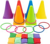 The Twiddlers - 3 in 1 set van spelletjes - Bevat een Ringwerpset met Zachte Kegels - Pittenzakjes om te gooien - Puzzelspelpakket - Groot plezier voor kinderen en volwassenen - Verjaardag - Carnaval - Tuin en openluchtfeestje - 26 stuks