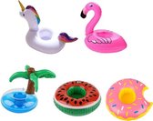 Set Van 5 - Opblaasbare  Bekerhouder Set - 5 stuks - 21x25 cm - Opblaas Drankhouder - Opblaasartikel - Eenhoorn, Palmboom, Donut, Flamingo, Watermeloen - Zwembadaccessoire - Drankhouders - Bekerhouders - Opblaasartikelen - Opblaasfiguur