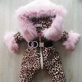 maat 80 Skipak baby wagenpak sneeuwpak Panterprint pak kind met roze bontkraag Imitatiebont panter dierenprint winterpak