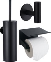 Toiletset Zwart 3-delig - Toiletaccessoireset - Toiletborstelhouder - Toiletborstel met Houder - Toiletrolhouder Met Plankje - Handdoekhaak - Badkamer Accessoires Zwart - Zonder Boren