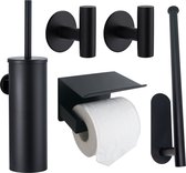 Toiletset Zwart 4-delig - Toiletaccessoireset - Toiletborstelhouder - Toiletrolhouder - Reserverolhouder - Handdoekhaakjes - RVS - Zonder Boren - Toilet Accessoires Set - Badkamer Accessoires Set - Toiletborstelset
