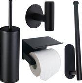 Toiletset Zwart 4-delig - Monteren zonder boren - Toiletaccessoireset - Toiletborstelhouder Vrijstaand - Toiletrolhouder - Reserverolhouder - Handdoekhaak
