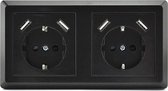 Homra Brock Dubbel USB Stopcontact Zwart - Inbouw Wandcontactdoos - Glanzend Kunststof - Zwarte Wanddoos - Contactdoos - 5.600mA - 220 volt - USB Oplader - Snel Opladen - Fast Charge - Randaarde - Europees - 80x80mm - Met Kinderbeveiliging