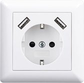 Homra Brock USB Stopcontact Wit - Inbouw Wandcontactdoos - Glanzend Kunststof - Witte Wanddoos - Contactdoos - 2.800mA - 220 volt - USB Oplader - Snel Opladen - Fast Charge - Randaarde - Europees Stopcontact - 80x80mm - Met Kinderbeveiliging