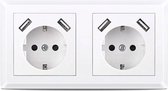 AQTIVY - USB stopcontact dubbel | Inbouw wandcontactdoos | Wit | Glanzend Kunststof | Witte Wanddoos | Contactdoos | 5.600mA | 220 volt | USB Oplader | Snel Opladen | Fast Charge | Randaarde | Europees | 80x80mm | Met Kinderbeveiliging