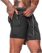 MW® Sportbroek voor Heren - Gym broek met mobiel zak - 2 in 1 Shorts - Hardloopbroek - (Zwart - L)