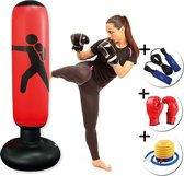 BuffelSports - Opblaasbare Boks set - Inclusief bokshandschoenen & Pomp & Springtouw - COMBI DEAL - Staand - Staande boksbal op voet - Stevige vulbare voet - Complete set - Bokspaal - Boksbal - 160 cm - Volwassenen & kinderen - Rood