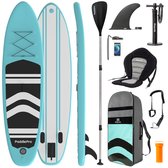 LifeGoods SUP Board - Opblaasbaar Paddle Board - Met Zitje - Complete Set - Met Pomp / Draagtas / Verstelbare Peddel / Waterdichte Telefoonhoes / Enkelkoord / Reparatiekit - Max. 135KG - 320x81cm - Mintgroen