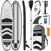 LifeGoods SUP Board - Opblaasbaar Paddle Board - Complete Set - Met Pomp / Draagtas / Verstelbare Peddel / Waterdichte Telefoonhoes / Enkelkoord / Reparatiekit - Max. 135KG - 320x81cm - Wit/Zwart