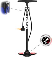 BOMBAR BLACK – Fietspomp met 11Bar Drukmeter + Extra Ventielen – Multifunctioneel Mondstuk voor Presta & Schräder – 1kg. Aluminium Frame – Vloerpomp voor Scooterbanden, Autobanden, Opblaasspeelgoed en Ballen