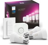 Philips Hue starterspakket E27 Lichtbron met Bridge en 1 Dimmer Switch - White and Color Ambiance - 3 x 9W - Bluetooth