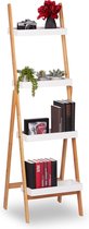 Relaxdays ladderrek wit - badkamerrek bamboe - plantenrek hout - bamboerek - 4 planken