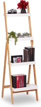 Relaxdays ladderrek wit - badkamerrek bamboe - plantenrek hout - bamboerek - 4 planken