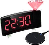 Digitale wekker + draadloze oplader – projectieklok - wekkerradio - USB - Rood - wireless charger