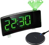 Digitale wekker + draadloze oplader – projectieklok - wekkerradio - USB - Groen - wireless charger