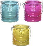 Set van 3x stuks citronella anti muggen kaarsen windlicht blauw, roze en geel 20 branduren