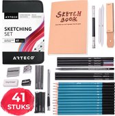 ARTECO® 41-delige Schetspotloden Tekenset met Schetsboek - Tekenpotloden - Grafiet, Pastel Potloden & Houtskool Tekenen - Incl. A5 Tekenblok - Geschenkdoos