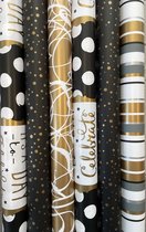 Inpakpapier Cadeaupapier 6 rollen Zwart Wit Goud Luxe- Breedte 70 cm - 2m lang