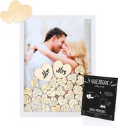 Fissaly® Bruiloft & Huwelijk Gastenboek met 100 Stuks Houten Hartjes – Trouwdag Feest Decoratie – Receptieboek - Cadeau