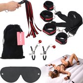 MyFantasy BDSM Bed Bondage Set – Sex Toys – Inclusief Reiszakje, Handboeien, Zweep, Hogtie, Oogmasker en Tepelklemmen