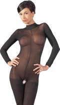 Mandy Mystery Lingerie –  Catsuit met Open Rug en Kruis met Kant Afgewerkt Kraag – Maat XL/2XL - Zwart