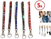 5 x Sleutelhanger - Sleutelkoord - korte Lanyard - Keycord - Polsband - (20cm) 5 kleuren