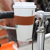 Kikkerland Fiets Bekerhouder - Handsfree - Vintage uiterlijk- Leer/Leder - Koffie drinken op de fiets - Universeel - Ook geschikt voor thermobekers - Roestvrij stalen clip