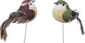 12x Decoratie vogeltjes groen/bordeaux op draad 9,5 cm - Vogels op stekers - Decoratievogeltjes