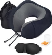 Memory Foam Nekkussen Inclusief Slaapmasker & Oordopjes - Reiskussen - Vliegtuig Kussen - Travel Pillow : Zwart