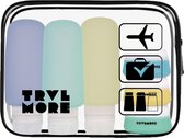 TravelMore Navulbare Silicone Reisflesjes met Transparante Etui - Vliegtuig en Handbagage Set met Reis potjes en Flacons en Doorzichtige Toilettas - 6 stuks